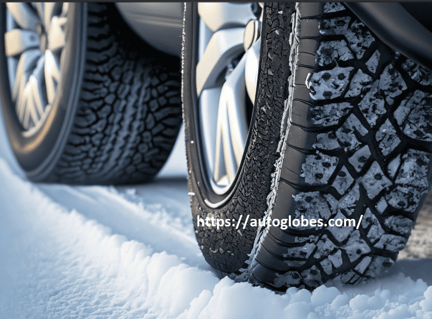 car visible studded tire on the ice road